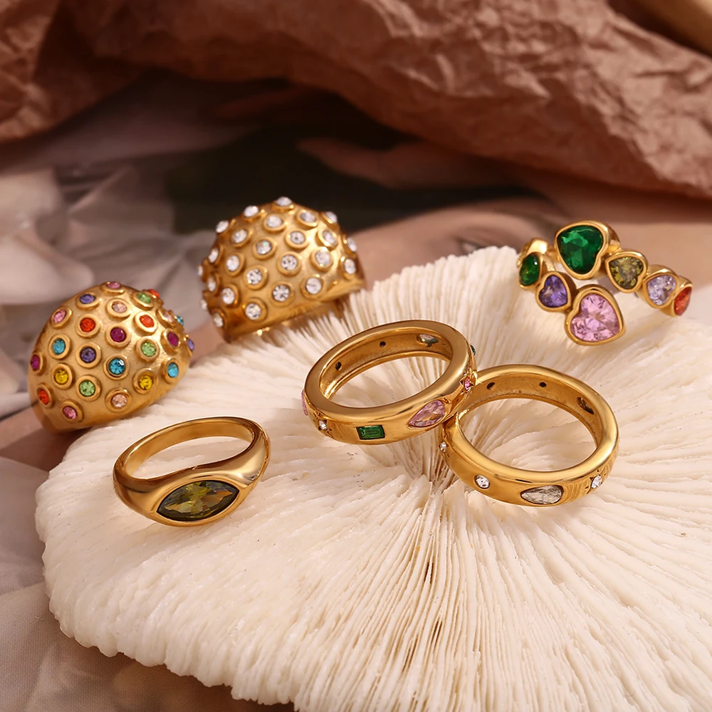 E.B.belle Rectangular Water Droplet Geometric Zircon Bubble Round Top Horse Eye Seal Heart White Colorful Stainless Steel Ring