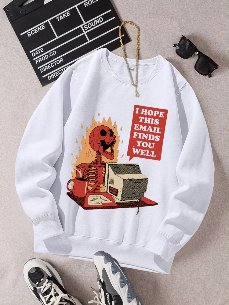 The Skeleton That Sends Emails Print Sweatshirt Men O-Neck Warm Clothes Soft Long Sleeve Tracksuit Casual Fashion Sportswear