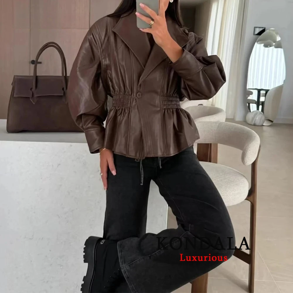 KONDALA Chic Cool 2025 Streetwear Woman Zipper PU Jacket Fashion 2025 Autumn Loose Vintage High Street Mujer Fall Pleated Coat