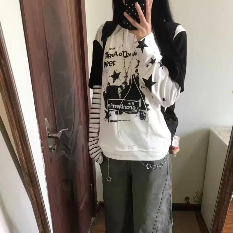Japanese Gothic Fake Two Piece T Shirts Women Sweet Stars Print Long Sleeves Tees Kawaii Harajuku Girls Casual Streetwear Tops