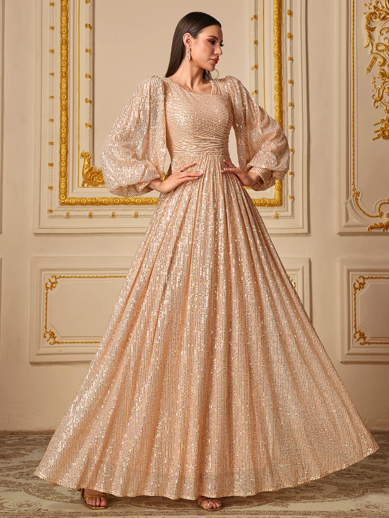 UNITHORSE Women's V-Neck Long Sleeve Sparkling Sequin Fish Tail Evening Party Dress One Piece Gown