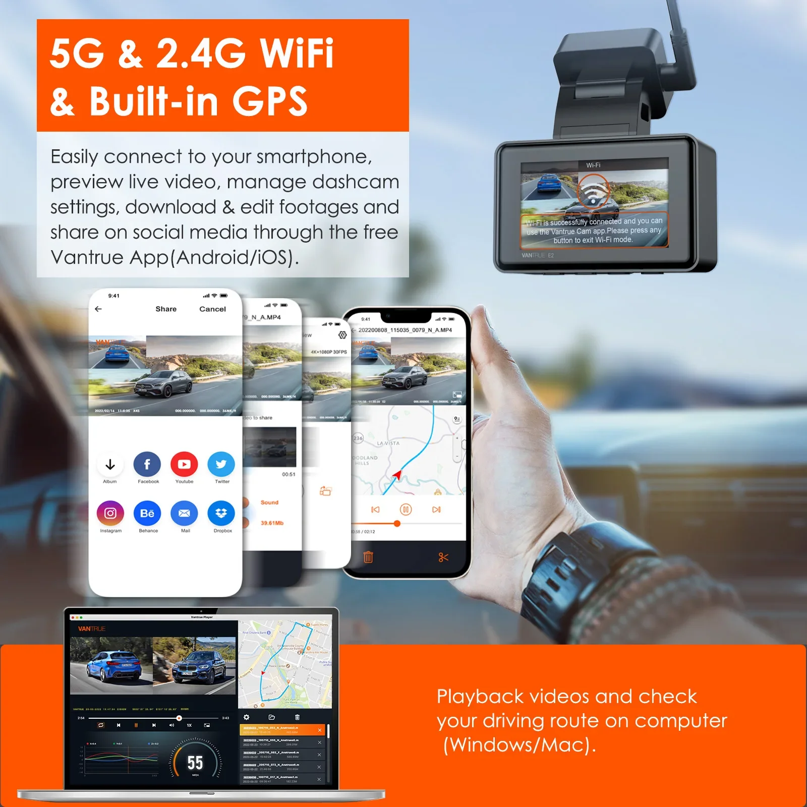Видеорегистратор Vantrue E2 Автомобильный видеорегистратор 2,5K Передняя и задняя видеорегистратор с 5G Wi-Fi GPS Интеллектуальное голосовое управление Обнаружение движения Ночное видение