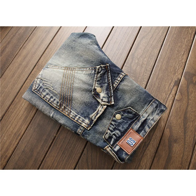 Motorcycle Jeans Men's Retro Distressed Stitching Street Trend Slim Fit Skinny Handsome Cool Men's Skinny Trousers