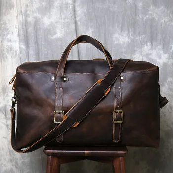 Heren Oversized Lederen Reistas Zakelijke Retro Koeienhuid Reistas Modieuze Gekke Paardenleren Handtas