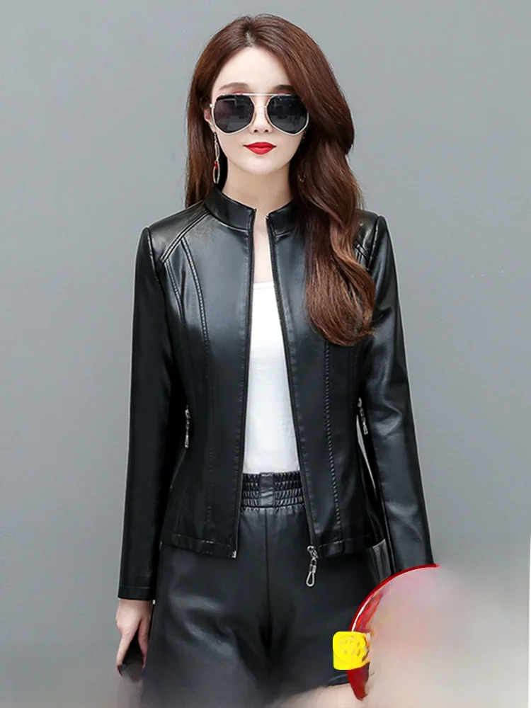 Real Leather ort Jaet Women's Sli Slim Fit Stand Collar Casual Leather Coat Korean Version Spring Autumn New Arrival