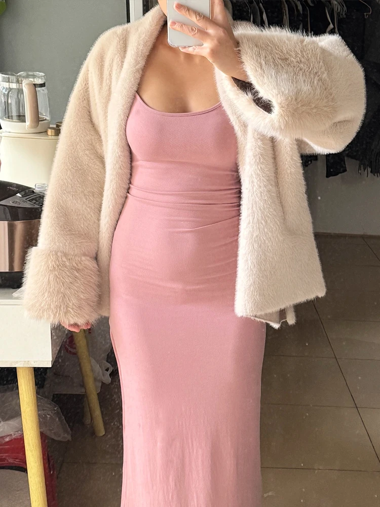 Manteau en fausse fourrure de vison Beige pour femmes, automne hiver, surdimensionné, élégant, Look de luxe, vêtements d'extérieur à la mode écologiques