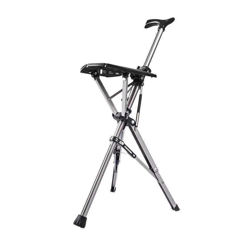 Automatic Foldable Walking Cane with Seat, Anti-Slip Hiking Staff for Elderly, Portable Metro Stick Convertible to Stool