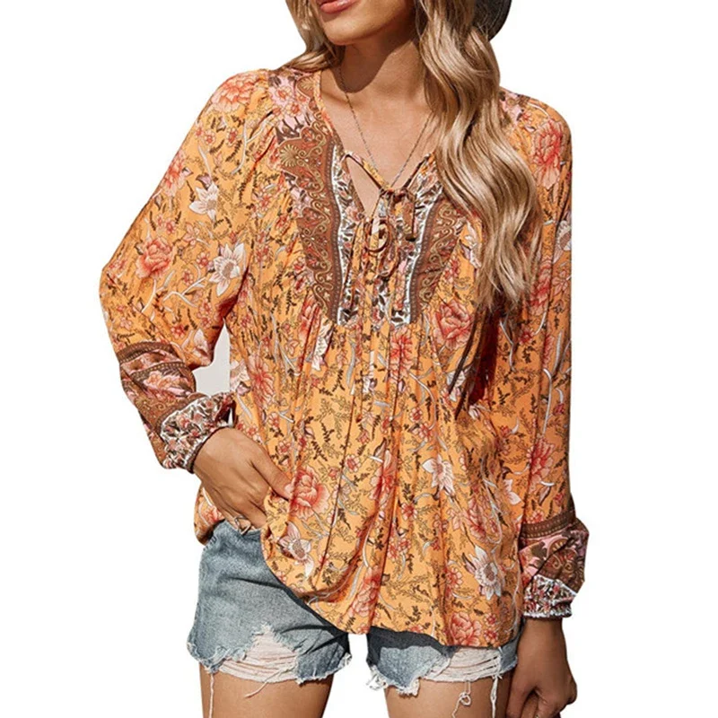 New Summer Thin Ladies Floral Long Sleeve T-shirt Boho Sweet Printed V-neck Loose Tee Holiday Y2K Women's Blouse Women Clothing