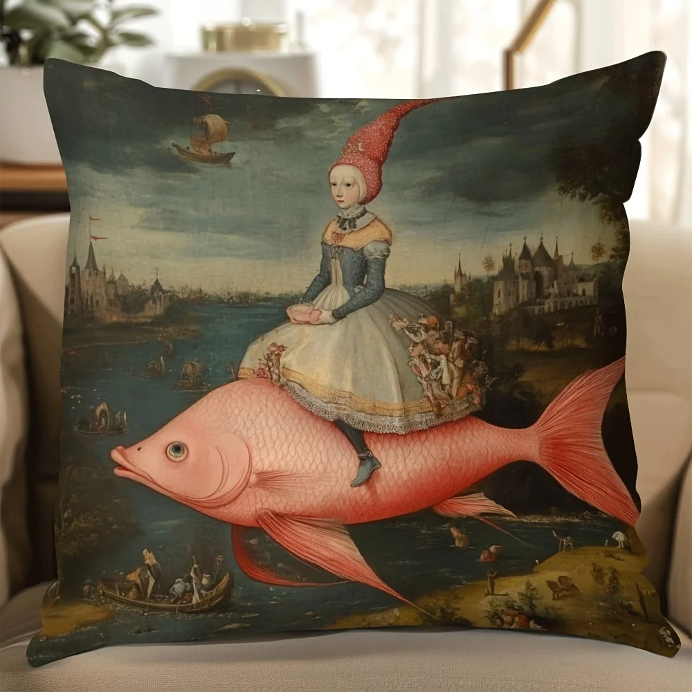 Double Sided Enchanting Renaissance Style Surreal Fish and Human Art Throw Pillow Cover for Modern Home Decor