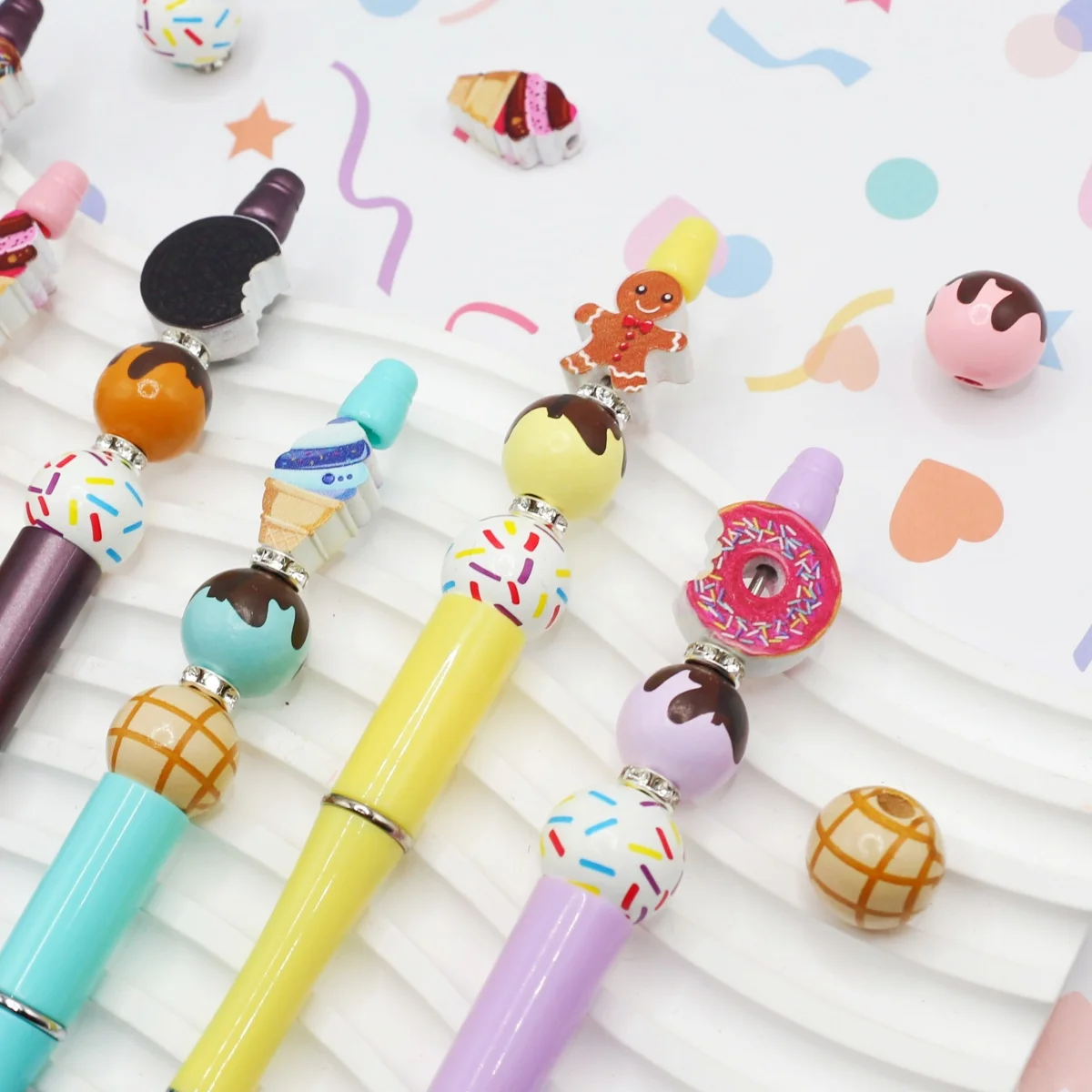 5PCS/10PCS Black and White Chocolate Biscuits Ice Cream Dessert Theme Wood Beads and DIY Bead Pen Set,great gift