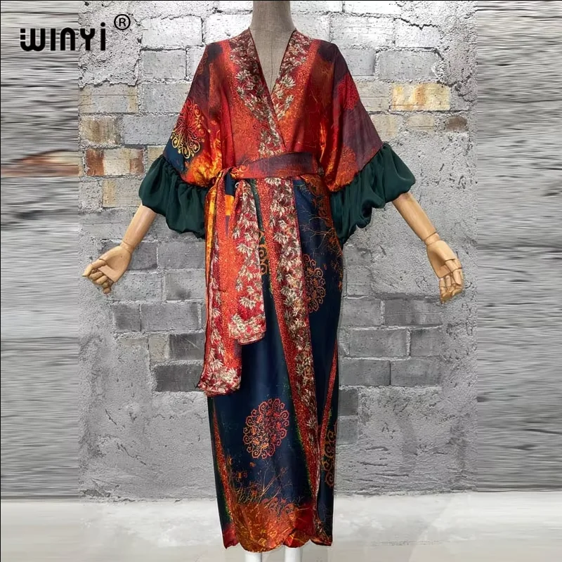 

WINYI Summer Kimono party dress Beach Wear Swim Suit Cover up african women loose puff(ed) sleeves Cardigan boho Holiday kaftan