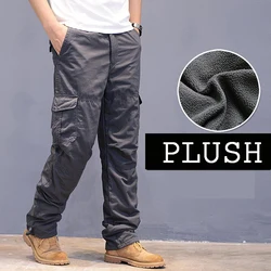 Men's Plush Trousers Winter Fleece Pants Thick Warm Leisure Sports High Quality Work Wear Multi Pockets Cargo Pants Overalls