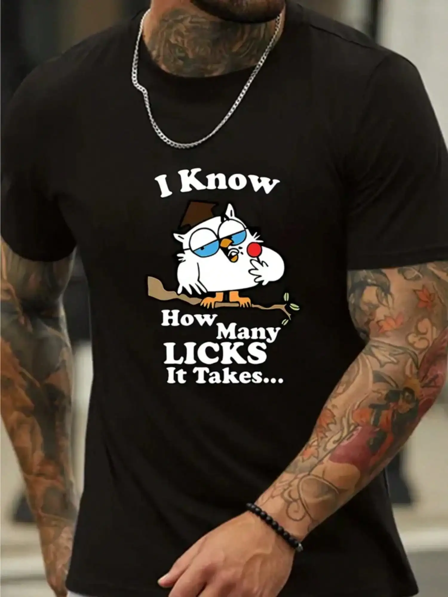 I Know How Many Licks It Takes Letters And Cartoon Owl Printed T-Shirt, Men's Short-Sleeve Casual Outdoor Sports, Daily Wear, Holiday Gift