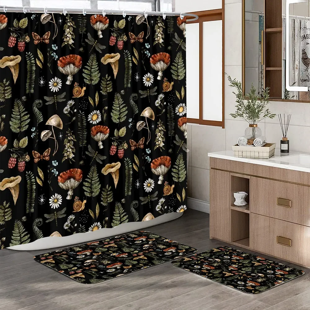 Vintage Mushroom Shower Curtain Rug Set Bohemian Butterfly Botanical Floral Shower Curtain And 2 Shower Mats Bathroom Decoration