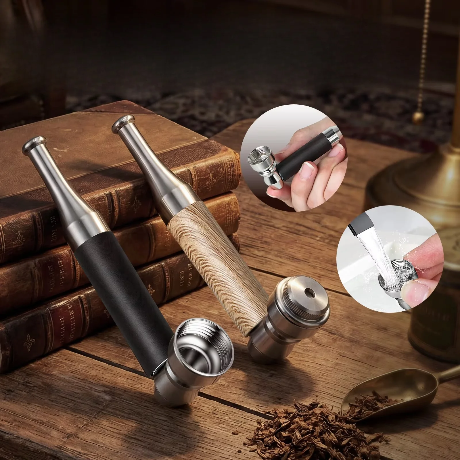 Classic Wood Grain Mini Smoking Pipe, Portable Metal Tobacco Pipe with Filter Screen, Pocket Handheld Pipe for Pipe Enthusiasts