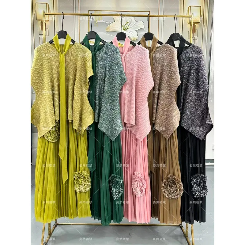 

Miyake Women's Luxury Top Half Skirt 2 Piece Set Pleated Stretch Large Size Women's Temperament Commuter Prom Dresses with Belt