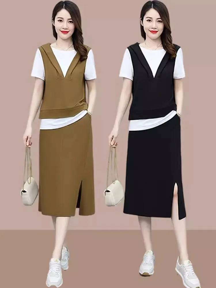 

Fashionable Large Size Women's Summer Outfit 2026 New Style Age-Defying Two-Piece Set Half-Skirt Top Trendy Casual Sportswear