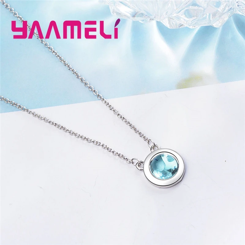 Minimalist Hot Sale Round Blue CZ Stone Sparkling 925 Sterling Silver Necklace For Loverly Woman Girls Trendy Festival Gift image 3