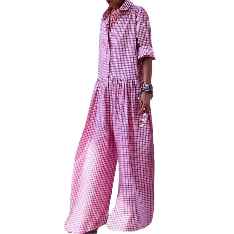 Loose Casual Plaid Print Jumpsuit Fashion Lapel Single Breasted Half Sleeved Wide Leg Jumpsuit Spring Summer Fashion Lady New