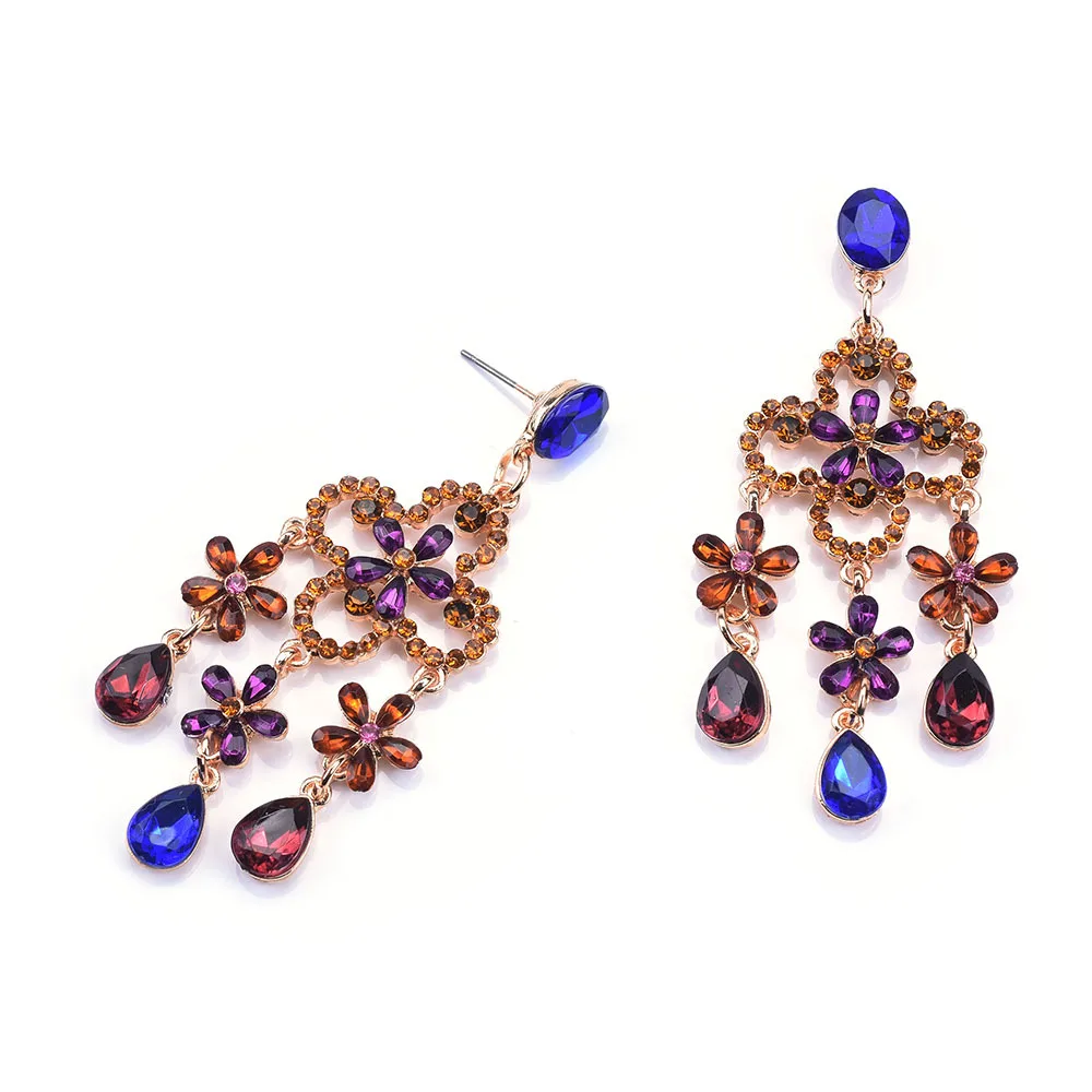 Cross-border fashion creative rhinestones full of diamonds flower fringed earrings earrings female retro bohemian style