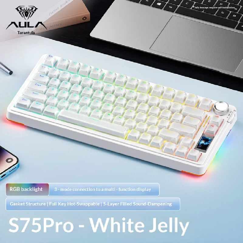 AULA S75 Pro Mechanical Keyboard Tri Mode Wireless Bluetooth Hot Swappable Rgb Backlight Custom Gaming Office White Jelly