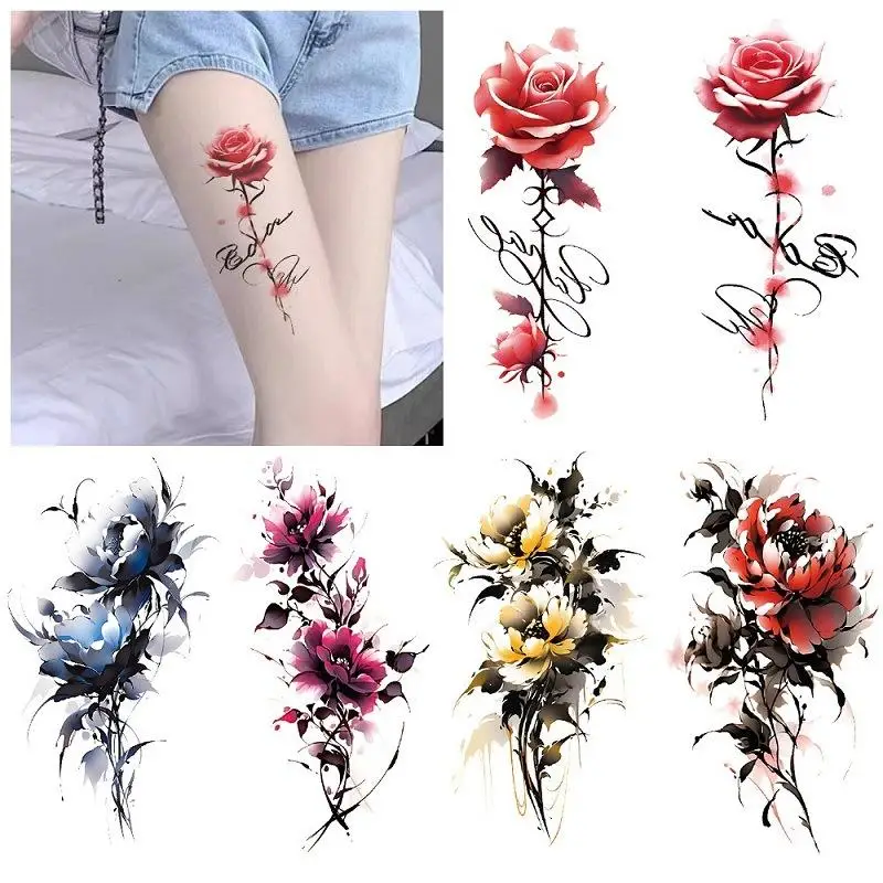 

Rose Flowers Colorful Tattoo Stickers Realistic Arm Waterproof Temporary Tattoo Fake Tattoo for Women body art