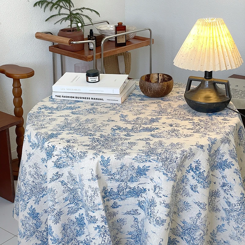 

Vintage Ink Rural Idyllic Style Blue Tablecloth Cotton Linen Photo Background Cloth Tea Table Cloth Picnic Cloth