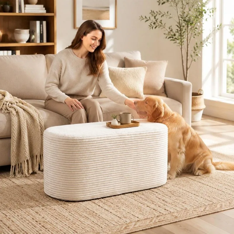 Pouf Repose-Pieds Ovale en Velours Côtelé Rembourré en Mousse Haute Densité, Housse Amovible, Base Antidérapante, Sans Montage, Pour Entrée, Salon, Couloir, Chambre, Intérieur, Classique, Aménagement d'Espace