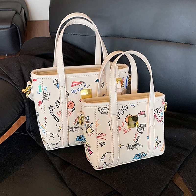 

Small Tote Bag For Women Cute Cartoon Print Handbag Korean Style Versatile Shoulder Crossbody Bag Lady Quality Pu Leather Bag