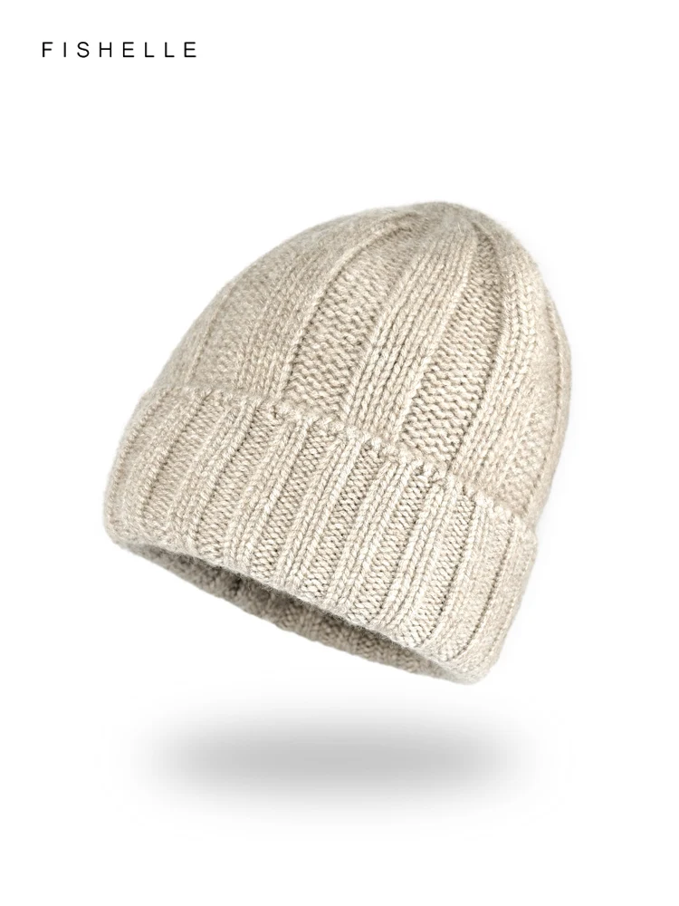 Beige Solid Color 100% Pure Cashmere Hat Soft Women's Beanie Warm Knitted Hat Men Caps Winter Luxury Gifts