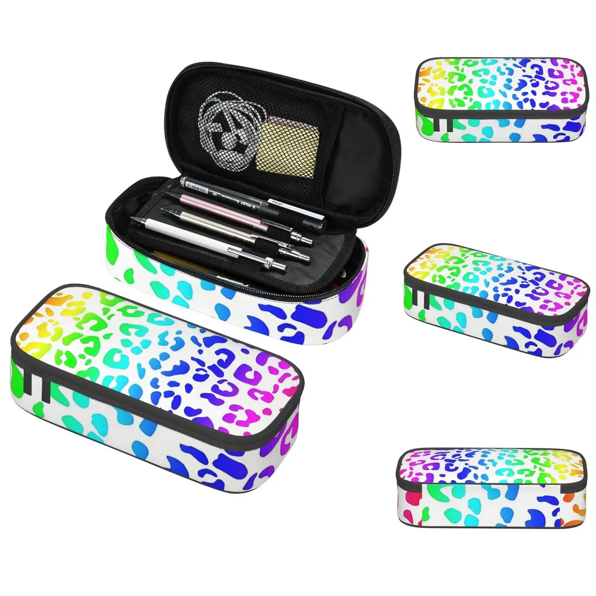 Rainbow And White Spots Leopard Print Pencil Cases Large Capacity Pen Bags Pen Box Pencil Pouch For Boys Girls Students School