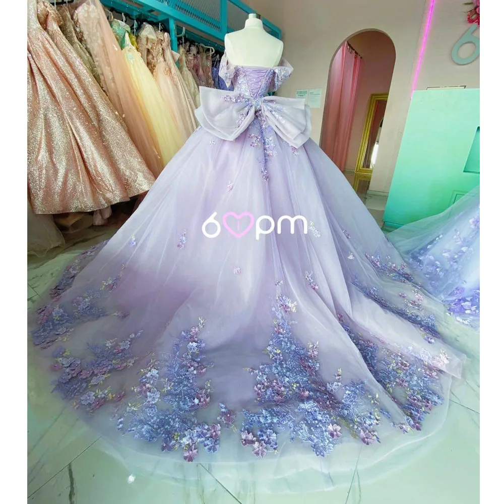 Vestido De quinceañera lila con hombros descubiertos, vestido De baile con apliques De flores en 3D coloridas, corsé dulce, 15 Años