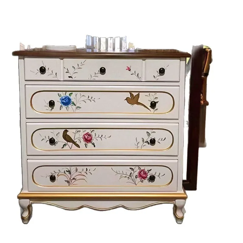 #Solid Wood 5-Drawer Chest with Painted Floral Patterns Vintage Light Luxury Rustic Pastoral Home Decor Storage