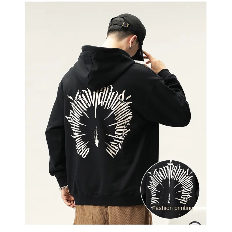 2024 New Hoodie Men's Autumn and Winter Fashion Loose Elastic Trendy Printed Street All-Match Long-Sleeved Hoodie