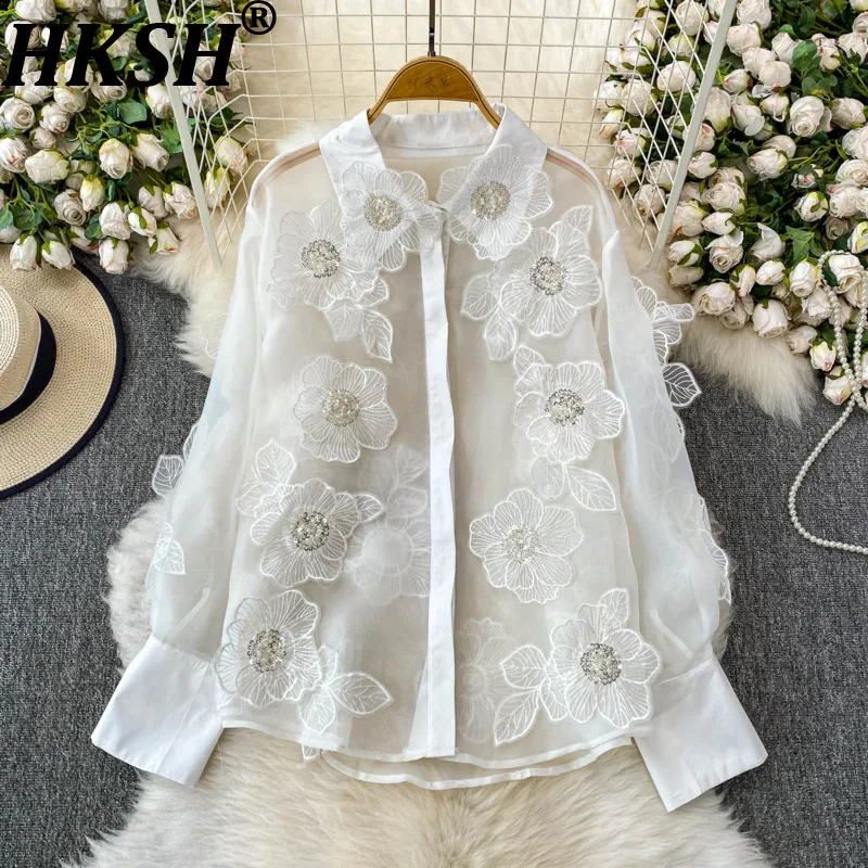 

HKSH Summer New Women Shirt Heavy Craft Sequined Three-dimensional Flower Long Sleeve Sheer Luxury High Street Sweet Tops HK9475