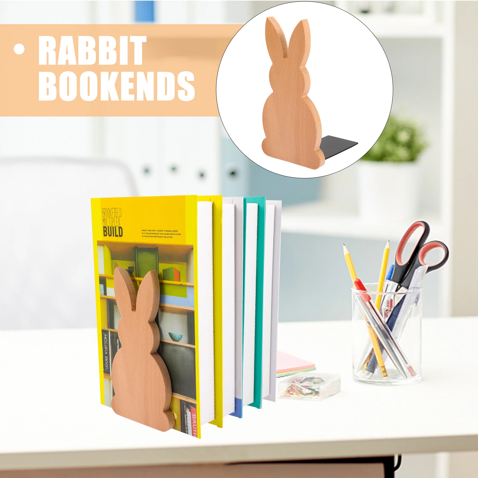

Wooden End Rabbit Shaped Decorative Desktop Shelf Organizer Home Office Library Use Non-Slip Book Holder Wood