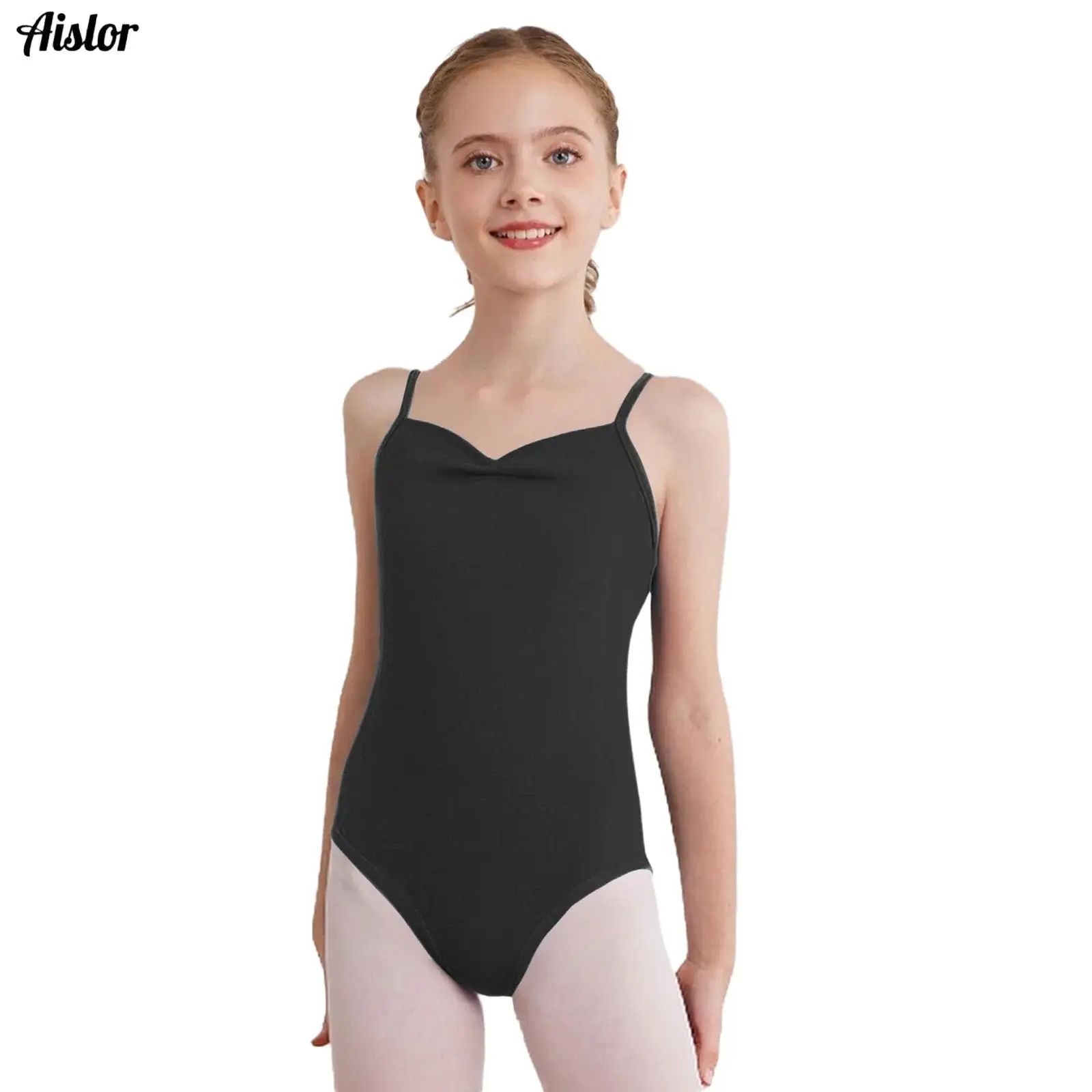 Girls Ballet Leotard Adjustable Spaghetti Straps Ruched Sleeveless Backless Bodysuit for Gymnastics Dance Practice Performance