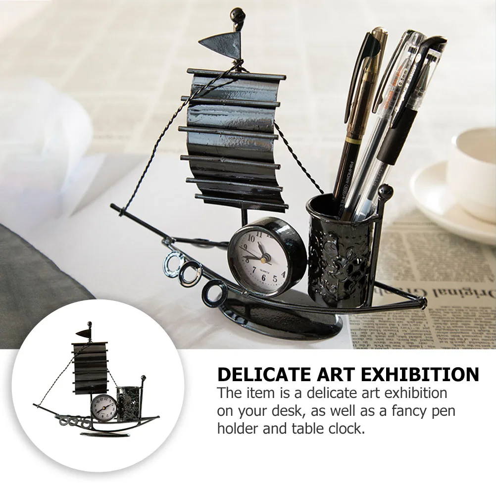 

Wrought Iron Sailing Ornaments Pen Holder for Desk with Clock Pencil Metal Office