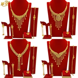 New Indian Dubai 24K Gold Color Jewelry Set For Women Bridal Nigerian Long Tassel Necklace Bracelet Earring Ring Sets Party Gift