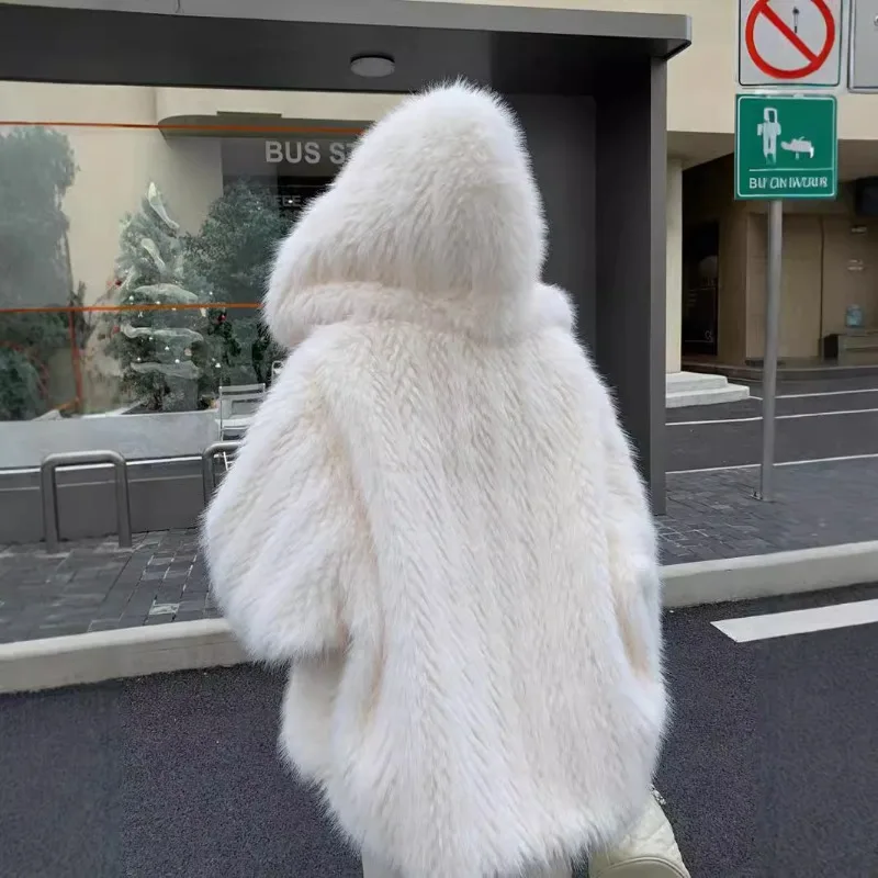 European and American New Hooded Faux Fur Winter Popular Fur Jacket Women's Plus Size Loose Jacket Female Clothing