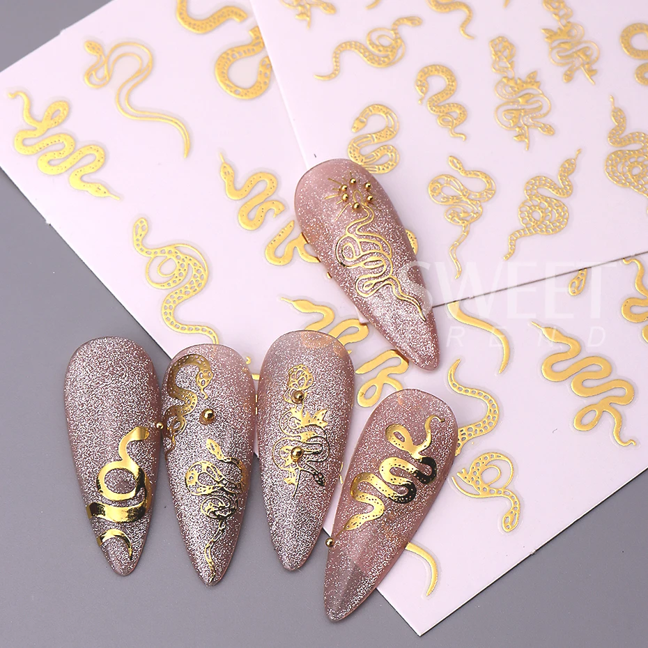 3D Golden Snake Nail Art Stickers Sliders Love Star Rose Design Valentine's Day Samoprzylepne naklejki na paznokcie Ozdoby do manicure