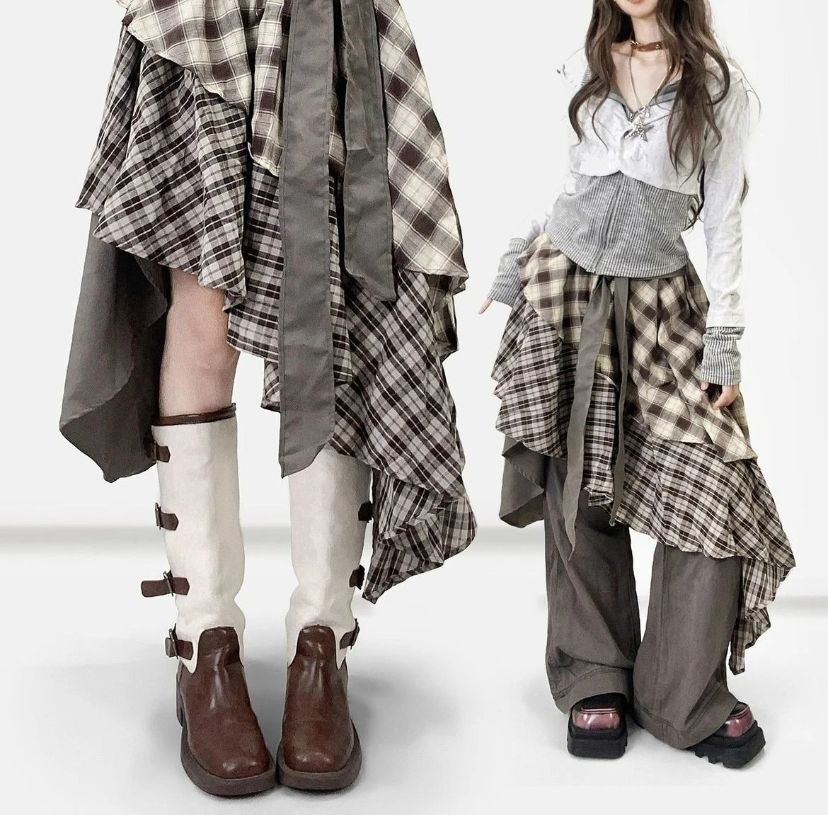 Gonna a trapezio a media lunghezza al ginocchio, a balze, con orlo a balze e patchwork a quadri marroni retrò