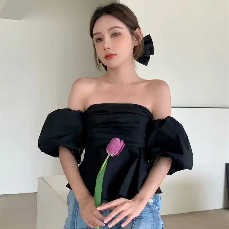 Sexy Puff Short Sleeve Crop Tops Slash Neck Strapless Blouse Blusas De Mujer Pleated Ruffled Shirts Off Shoulder Blouses Slim