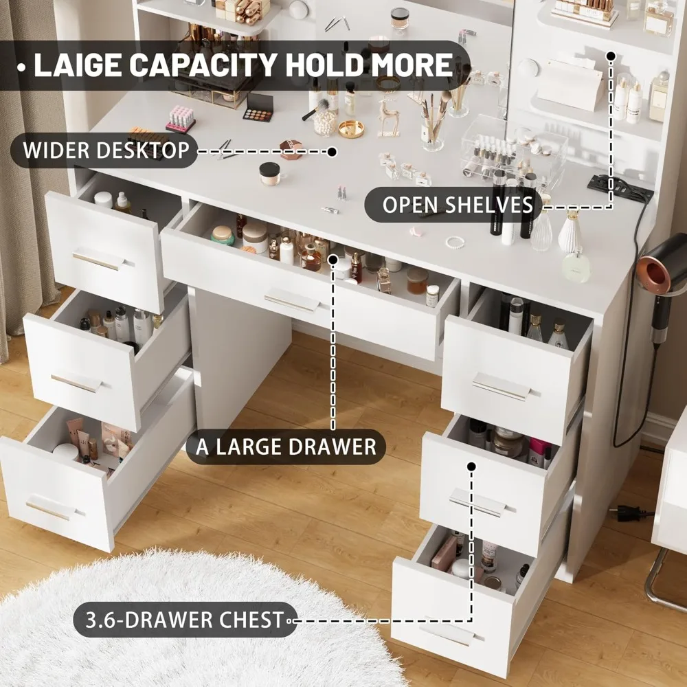 Dressing table with mirror, LED light and power socket with 7 drawers and 6 storage shelves