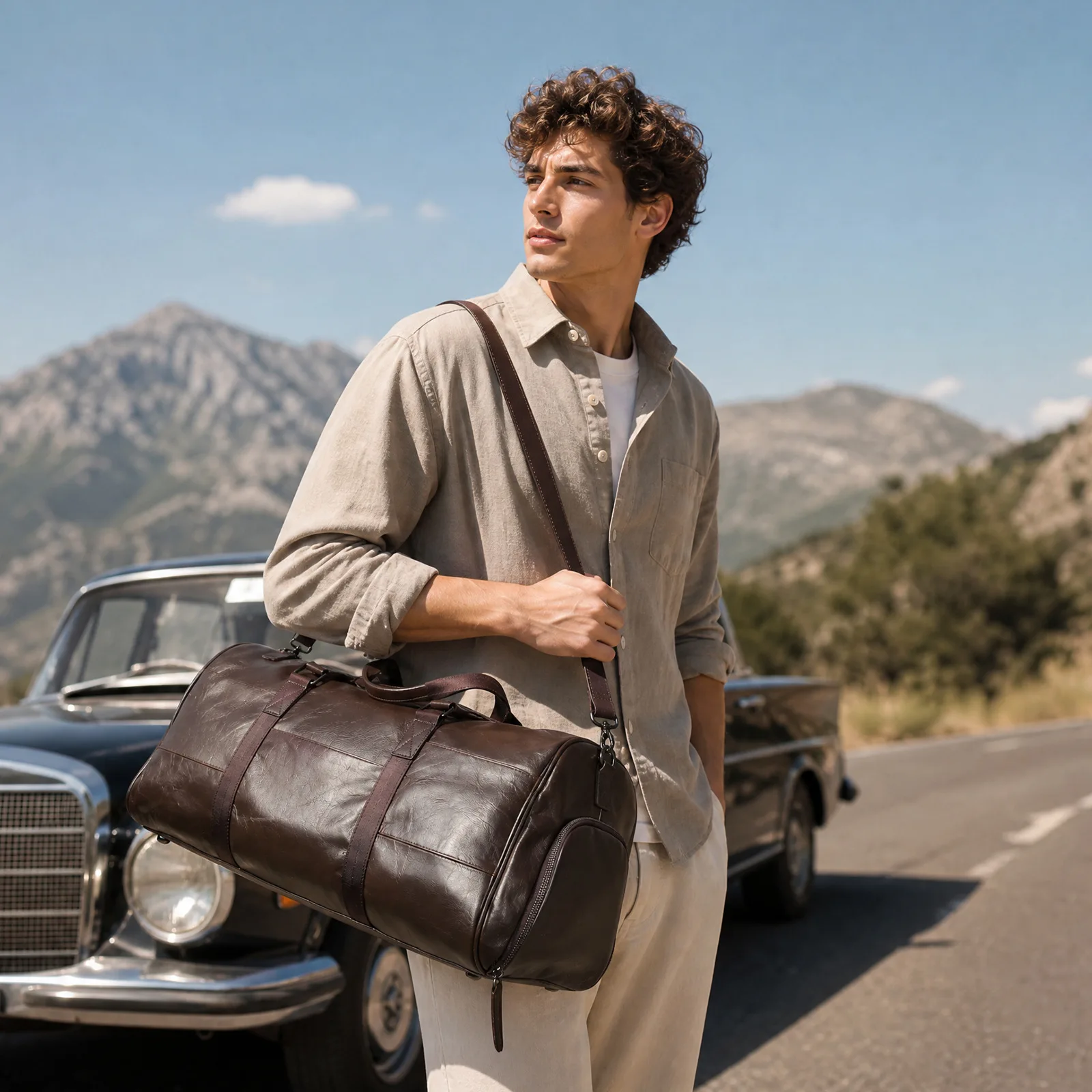 Men's Oiled Waxed Leather Duffel Bag with Shoe Compartment, Vintage Carry-On Travel Weekender, Gym Shoulder Bag