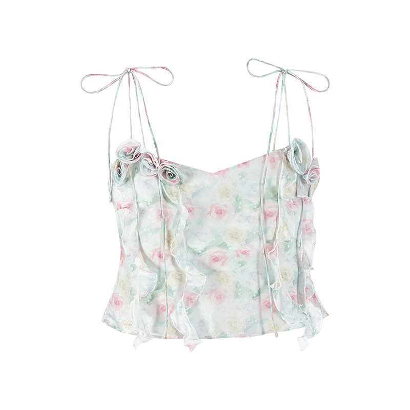 Cariedo Barcelona Morning Mist Series Cool Breathable Resort Style French Breeze Yarn Printed Three-Dimensional Flower Suspender Top