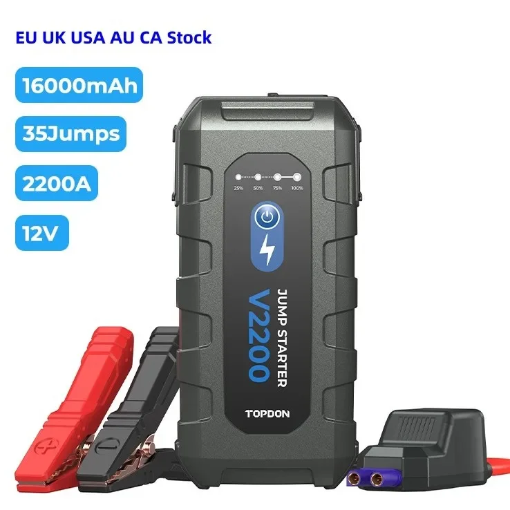 TOPDON Factory Manufacturer V2200 2200A 12V 16000mAh Portable Emergency Booster Pack Powerbank Motorcycle Truck Car Jump Starter