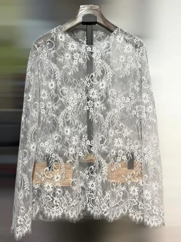 Women's Lace Sheer Long Sleeve Blouse - Loose O-Neck Pullover Top