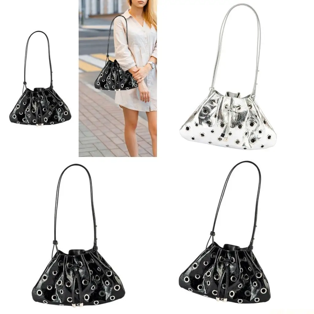 

X90D Stylish Drawstring Bucket Bag Hollow Detailing Stylish Everyday Shoulder Purse Casual Underarm Purse for Women Girls