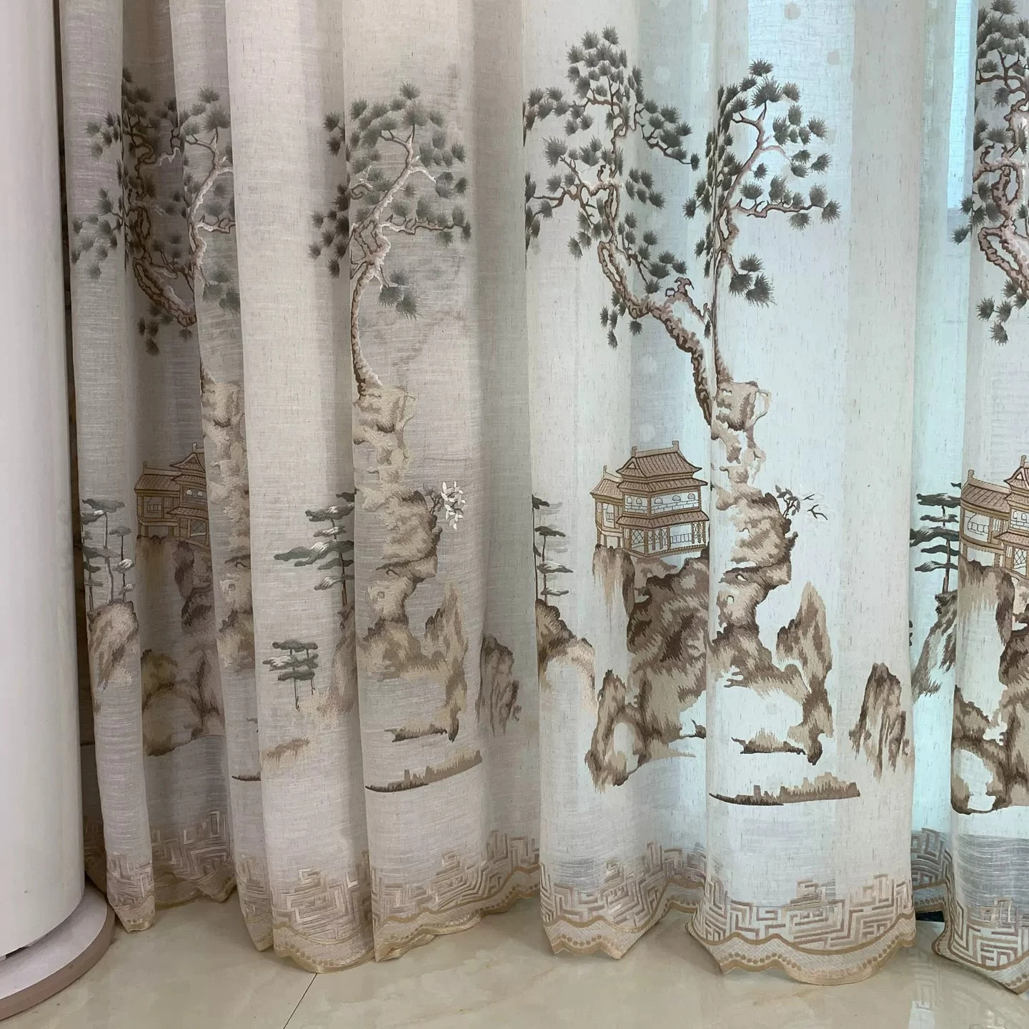 Chinesischer Retro-Stil Landschafts-Stickerei Fenstervorhang Wohnzimmer Schlafzimmer Arbeitszimmer Französisches Fenster Balkon Maßgefertigte Trennwand